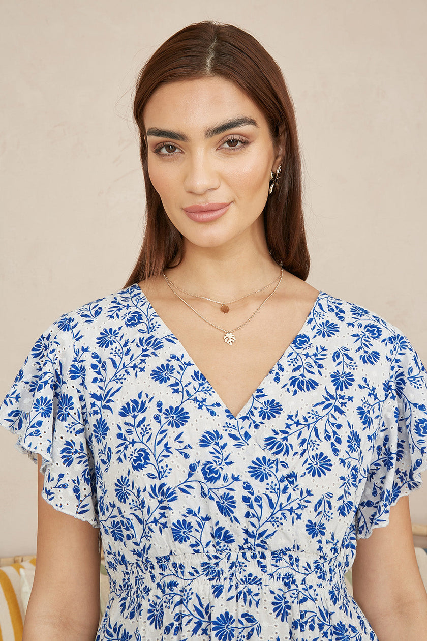 Yumi Blue Floral Printed Broderie Anglaise Ruched Waist Midi Dress