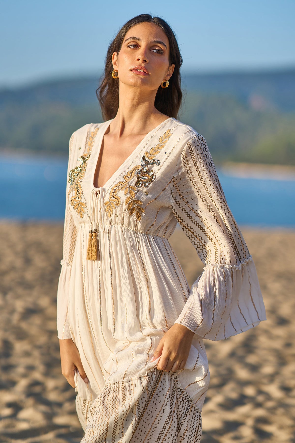 Yumi White Metallic Embellished Maxi Dress With Long Sleeves