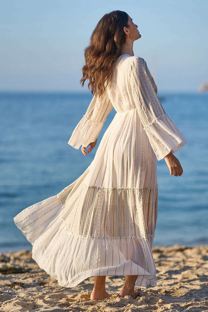 Yumi White Metallic Embellished Maxi Dress With Long Sleeves