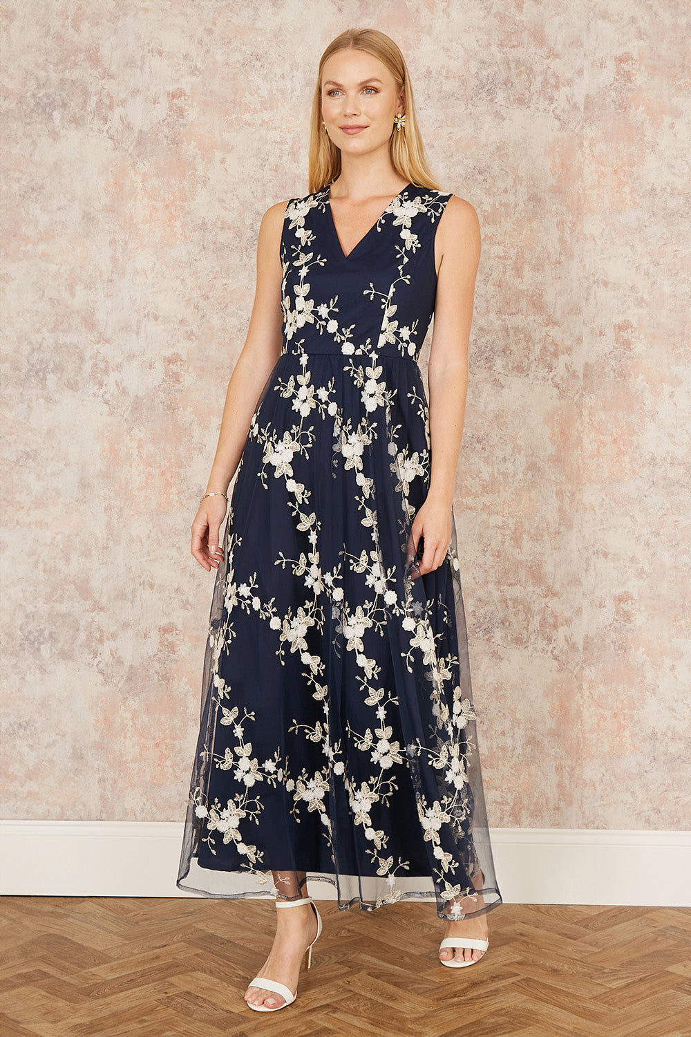 Yumi Navy Mesh Embroidered Maxi Dress