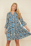 Yumi Viscose Blue Ikat Print 3/4 Sleeve Tunic Dress