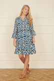 Yumi Viscose Blue Ikat Print 3/4 Sleeve Tunic Dress