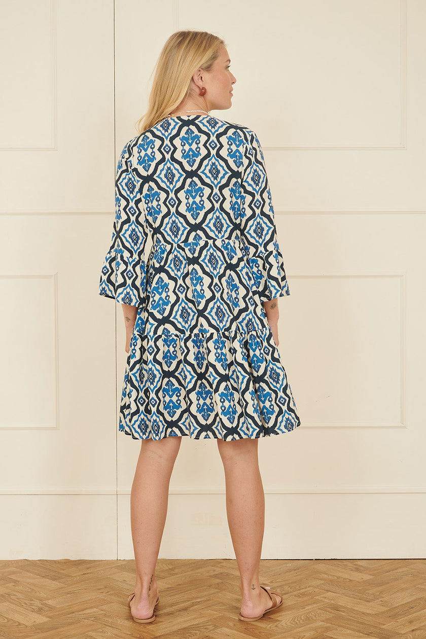 Yumi Viscose Blue Ikat Print 3/4 Sleeve Tunic Dress