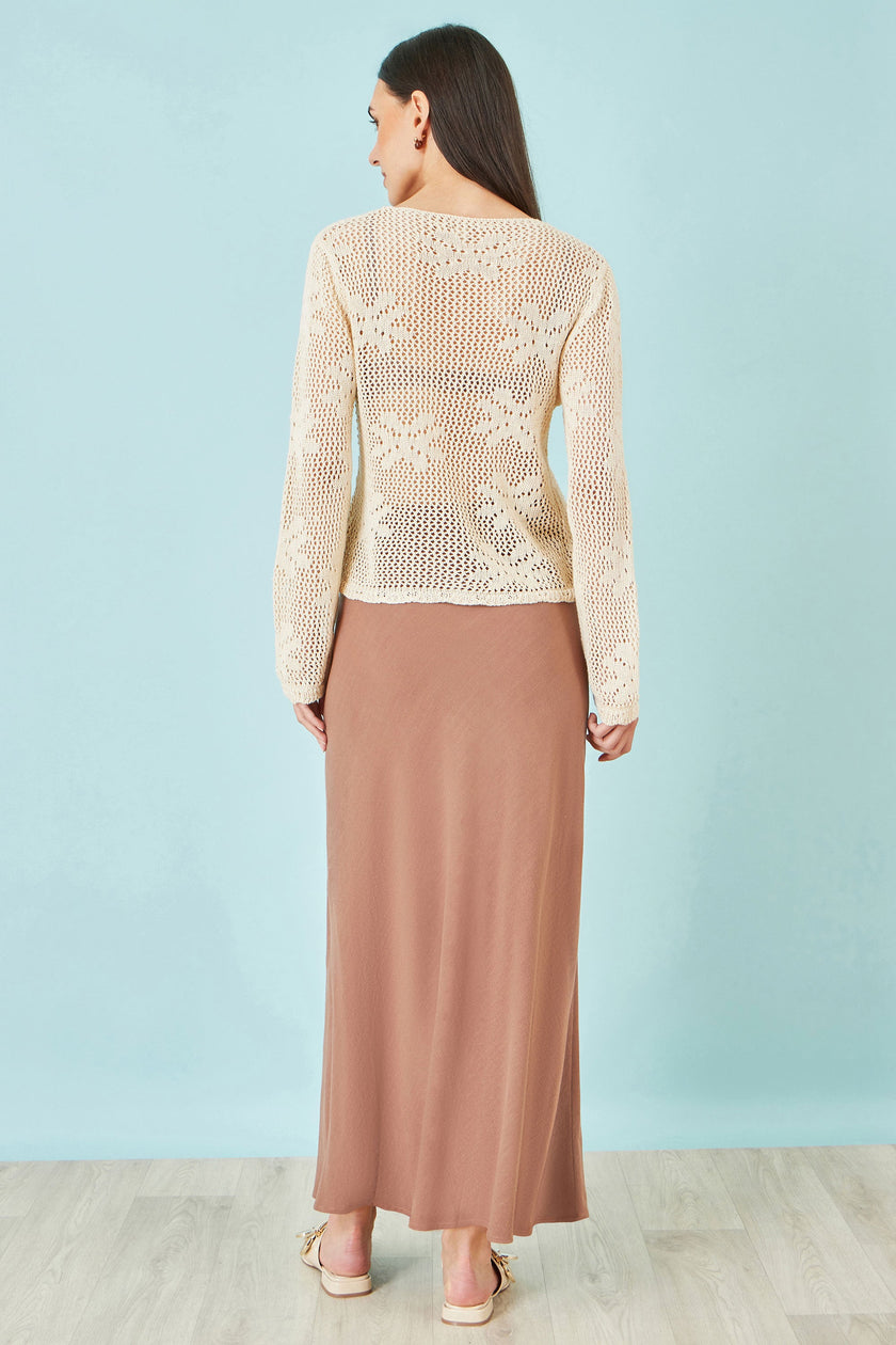 Yumi Beige Flower Crochet Button Up Cardigan