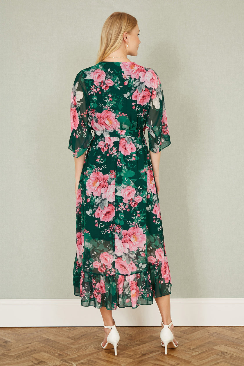 Yumi Dark Green Kimono Sleeves Midi Dip Hem Wrap Midi Dress
