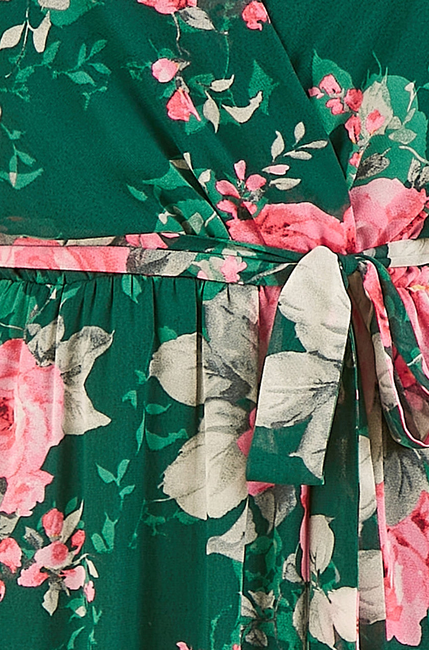 Yumi Dark Green Kimono Sleeves Midi Dip Hem Wrap Midi Dress