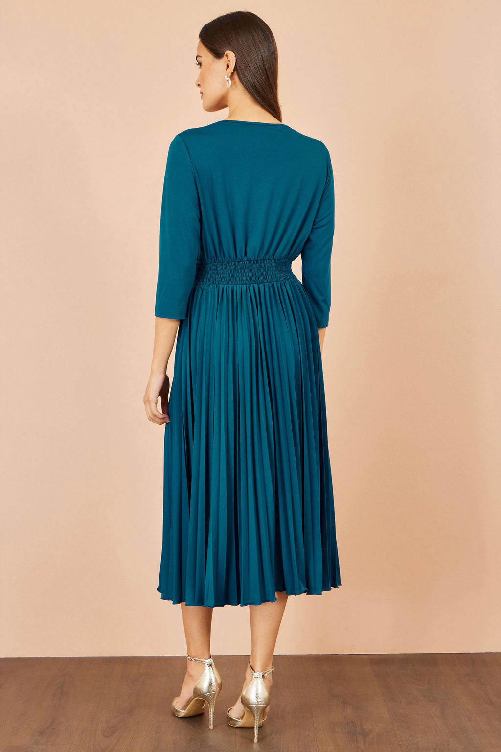 Yumi Teal Stretch Wrap Pleated Midi Dress