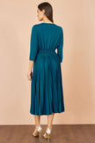 Yumi Teal Stretch Wrap Pleated Midi Dress