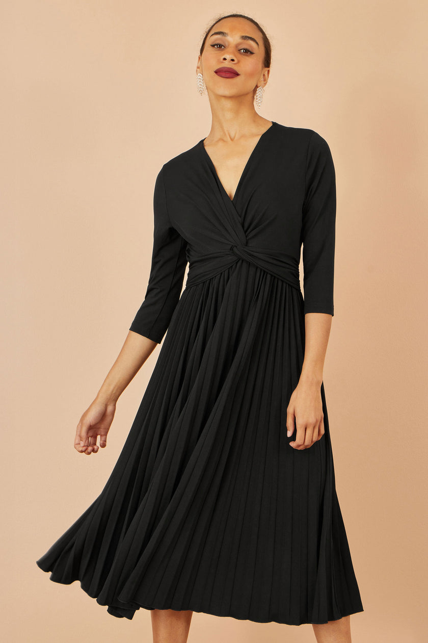 Yumi Black Jersey Knot Waist Pleated Midi Dress