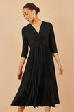 Yumi Black Jersey Knot Waist Pleated Midi Dress