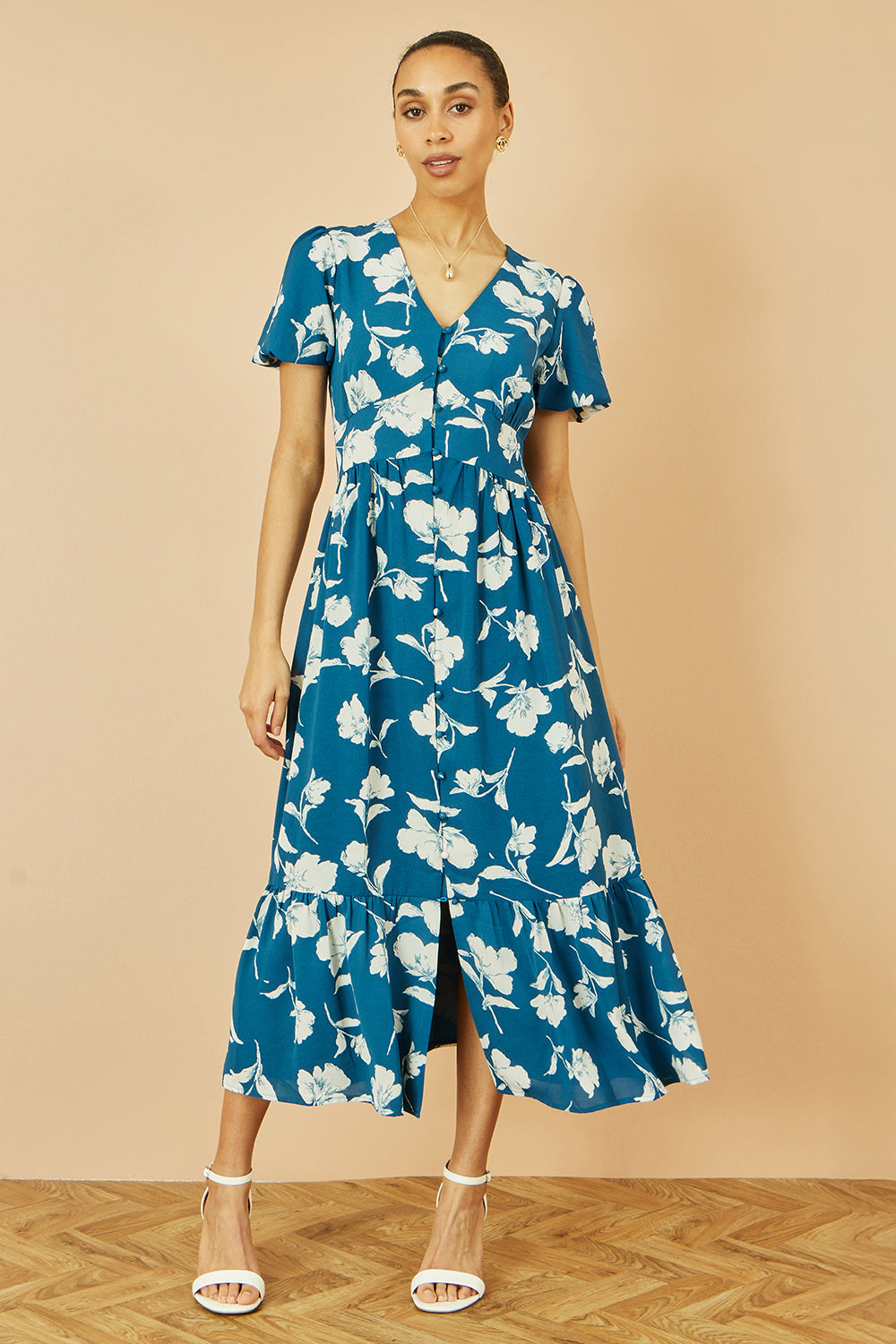 Yumi Teal Floral Button Down Floral Midi Dress