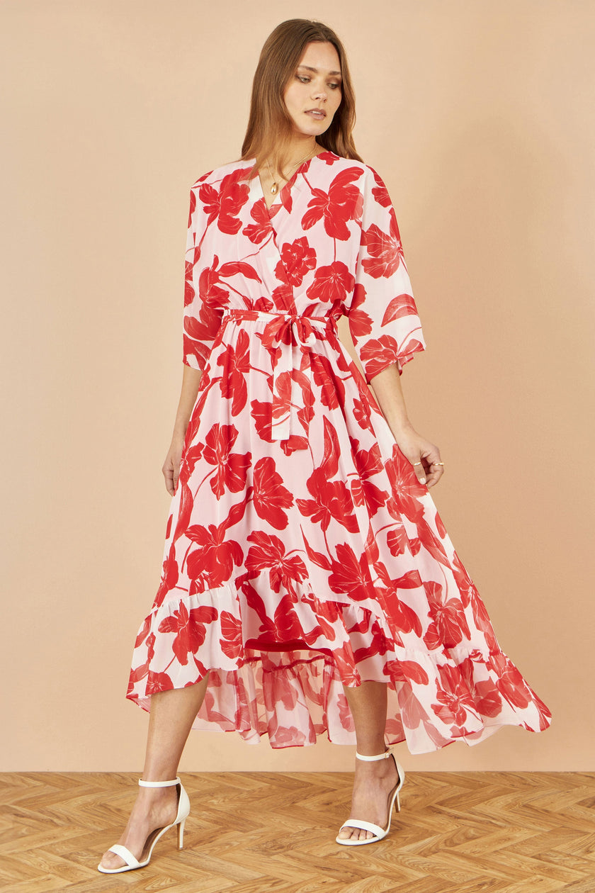 Yumi Red Kimono Sleeves Dip Hem Wrap Midi Dress