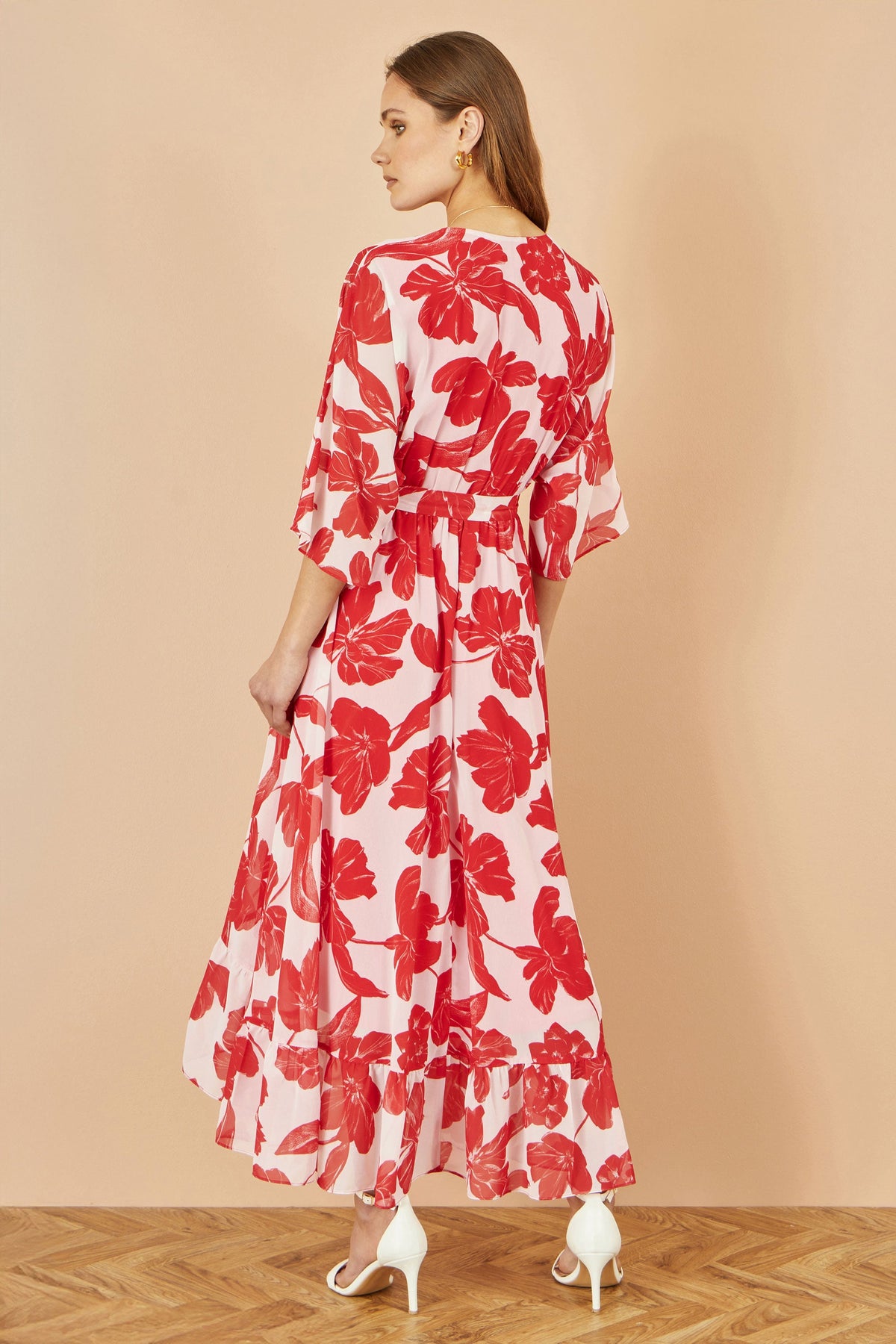 Yumi Red Kimono Sleeves Dip Hem Wrap Midi Dress
