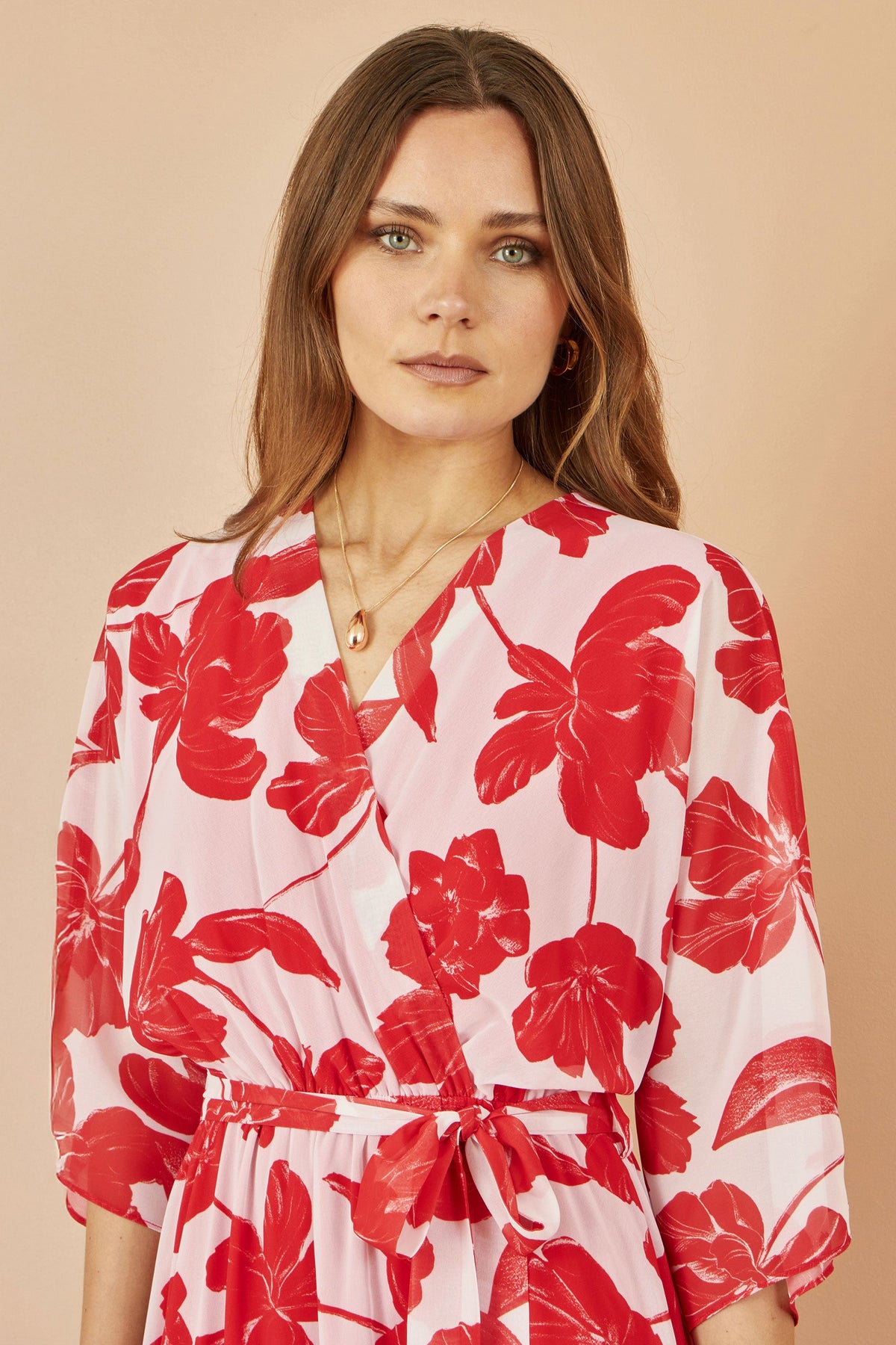 Yumi Red Kimono Sleeves Dip Hem Wrap Midi Dress