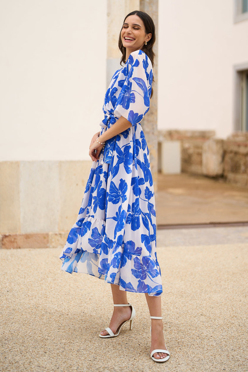 Yumi Navy Kimono Sleeves Midi Dip Hem Wrap Midi Dress
