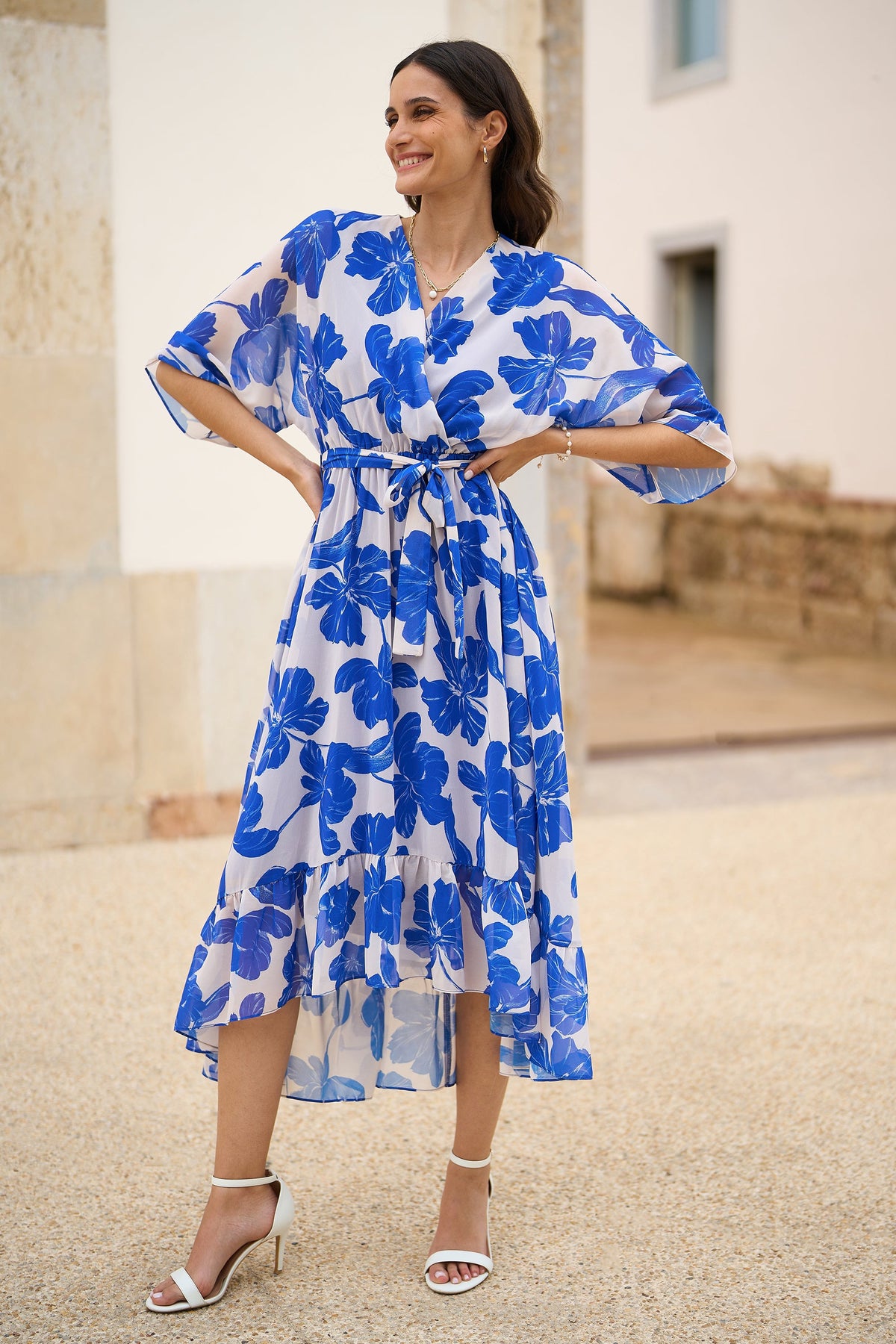 Yumi Navy Kimono Sleeves Midi Dip Hem Wrap Midi Dress