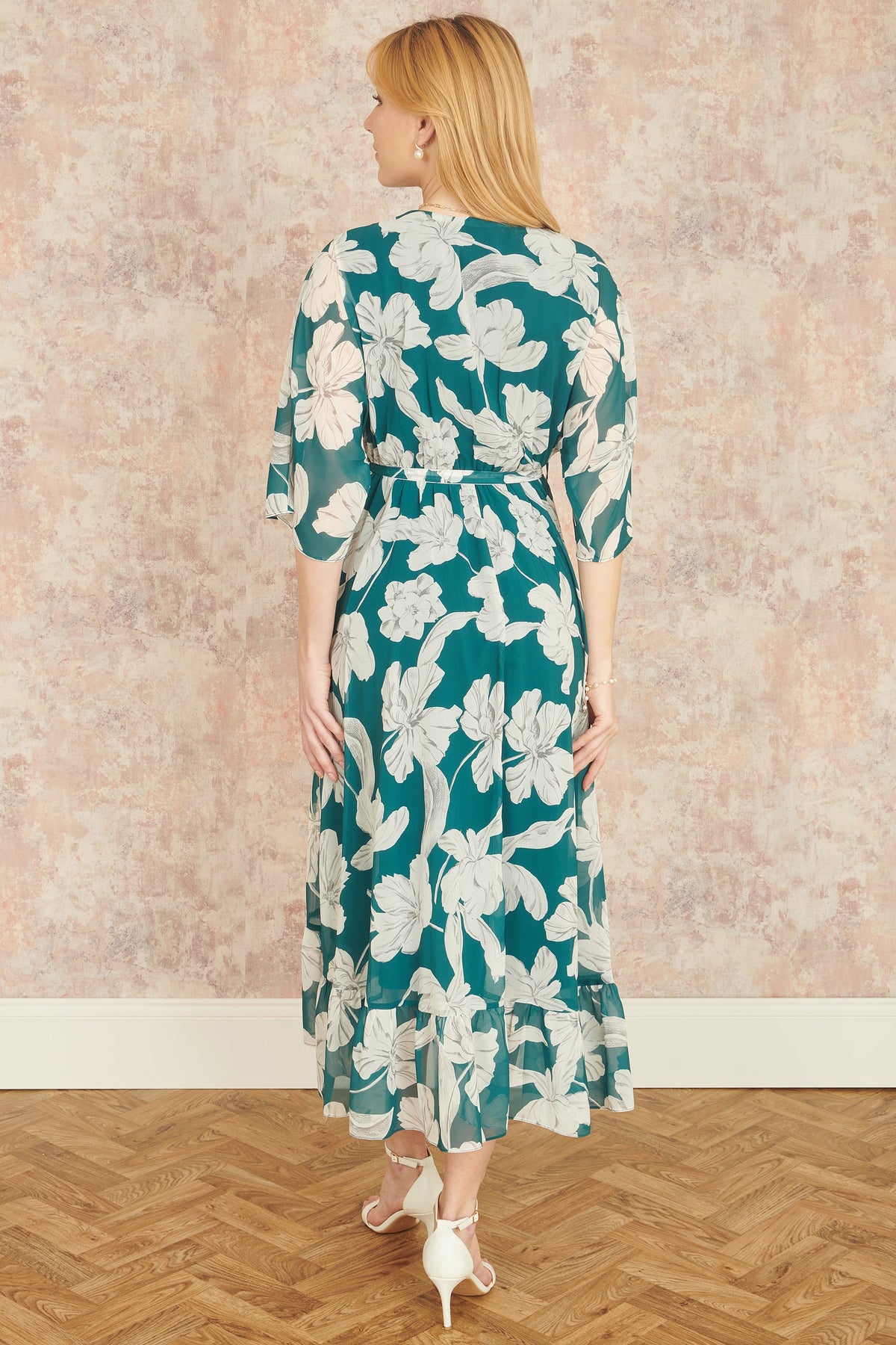 Yumi Green Kimono Sleeves Midi Dip Hem Wrap Midi Dress
