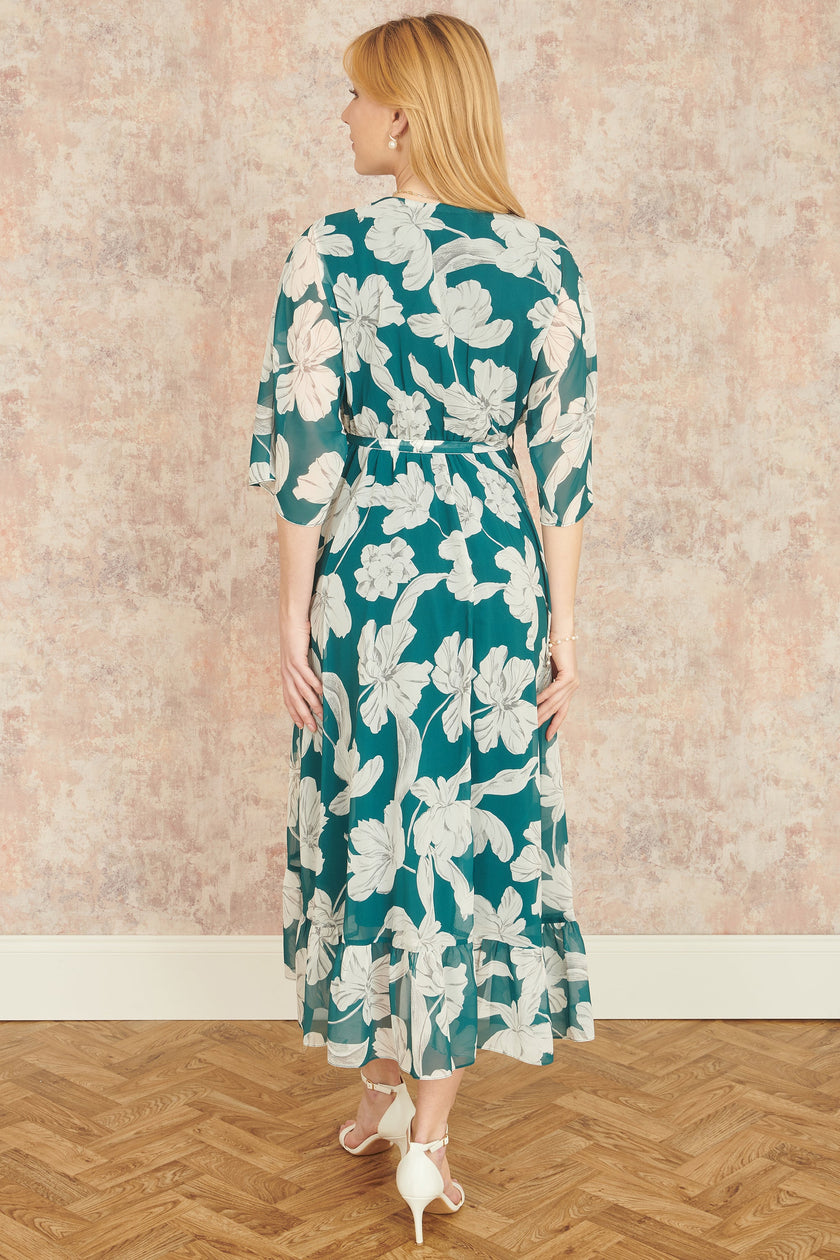 Yumi Green Kimono Sleeves Midi Dip Hem Wrap Midi Dress