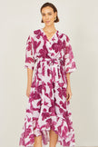 Yumi Pink Kimono Sleeves Midi Dip Hem Wrap Midi Dress