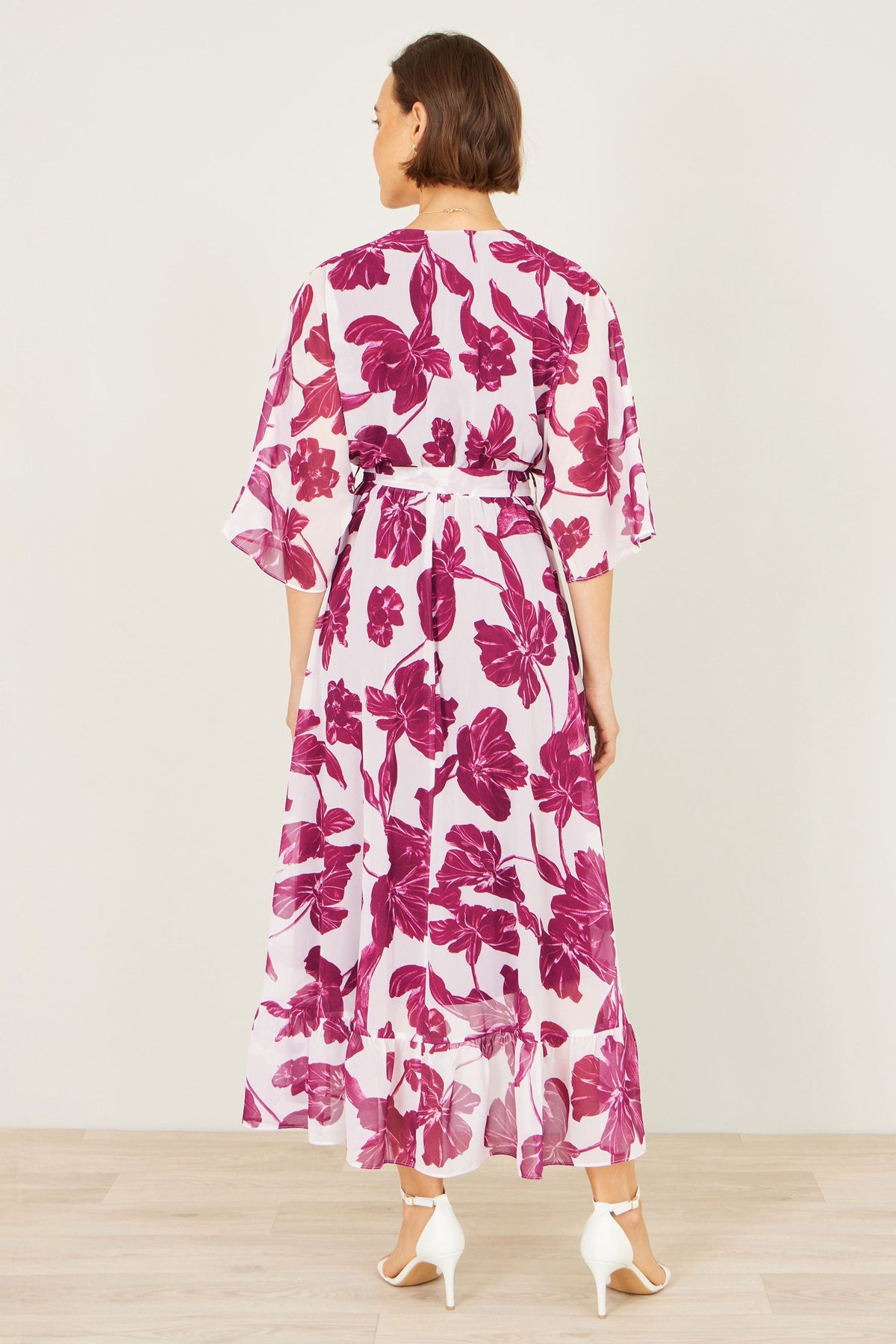 Yumi Pink Kimono Sleeves Midi Dip Hem Wrap Midi Dress
