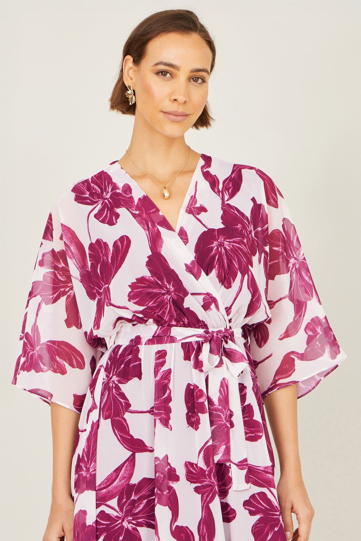 Yumi Pink Kimono Sleeves Midi Dip Hem Wrap Midi Dress