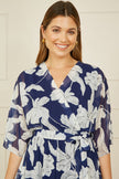 Yumi Navy Mesh Bird And Floral Print Midi Dress With Ruffles