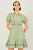 Yumi Green Cotton Lace Trim Skater Shirt Dress