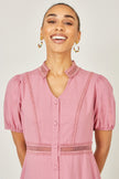 Yumi Pink Cotton Lace Trim Skater Shirt Dress