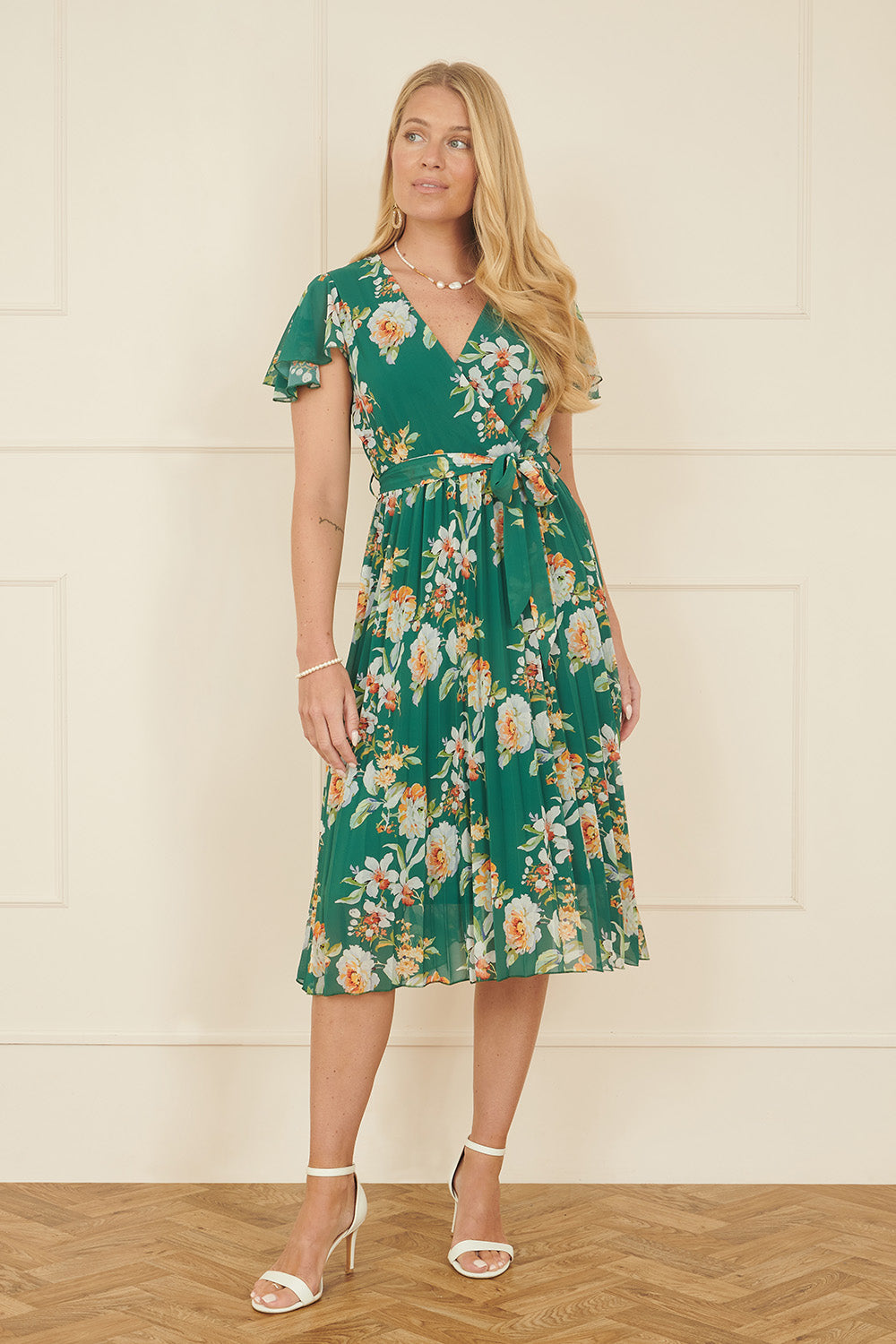 Yumi Green Floral Pleated Wrap Dress
