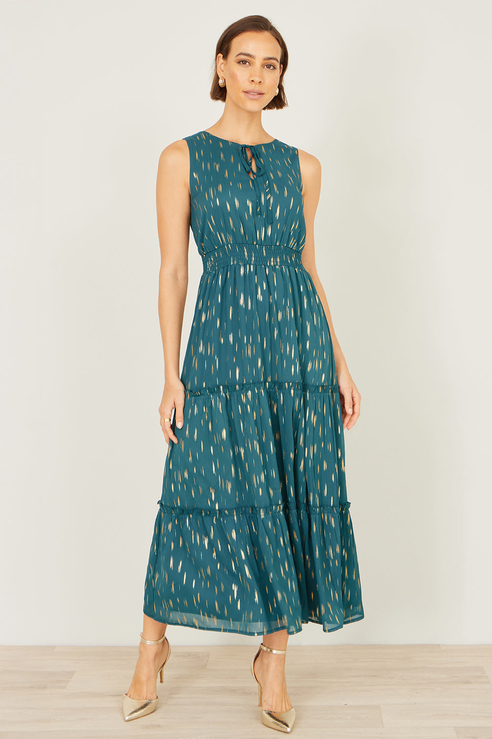 Yumi Teal Foil Print Ruched Waist Midi Dress With Tie Notch Neckline