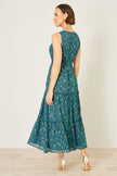 Yumi Teal Foil Print Ruched Waist Midi Dress With Tie Notch Neckline