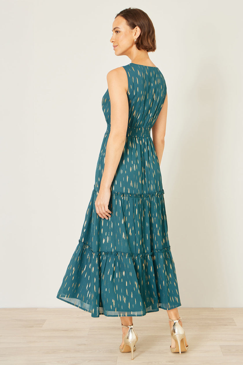 Yumi Teal Foil Print Ruched Waist Midi Dress With Tie Notch Neckline