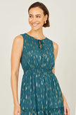Yumi Teal Foil Print Ruched Waist Midi Dress With Tie Notch Neckline