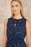 Yumi Navy Foil Print Ruched Waist Midi Dress With Tie Notch Neckline