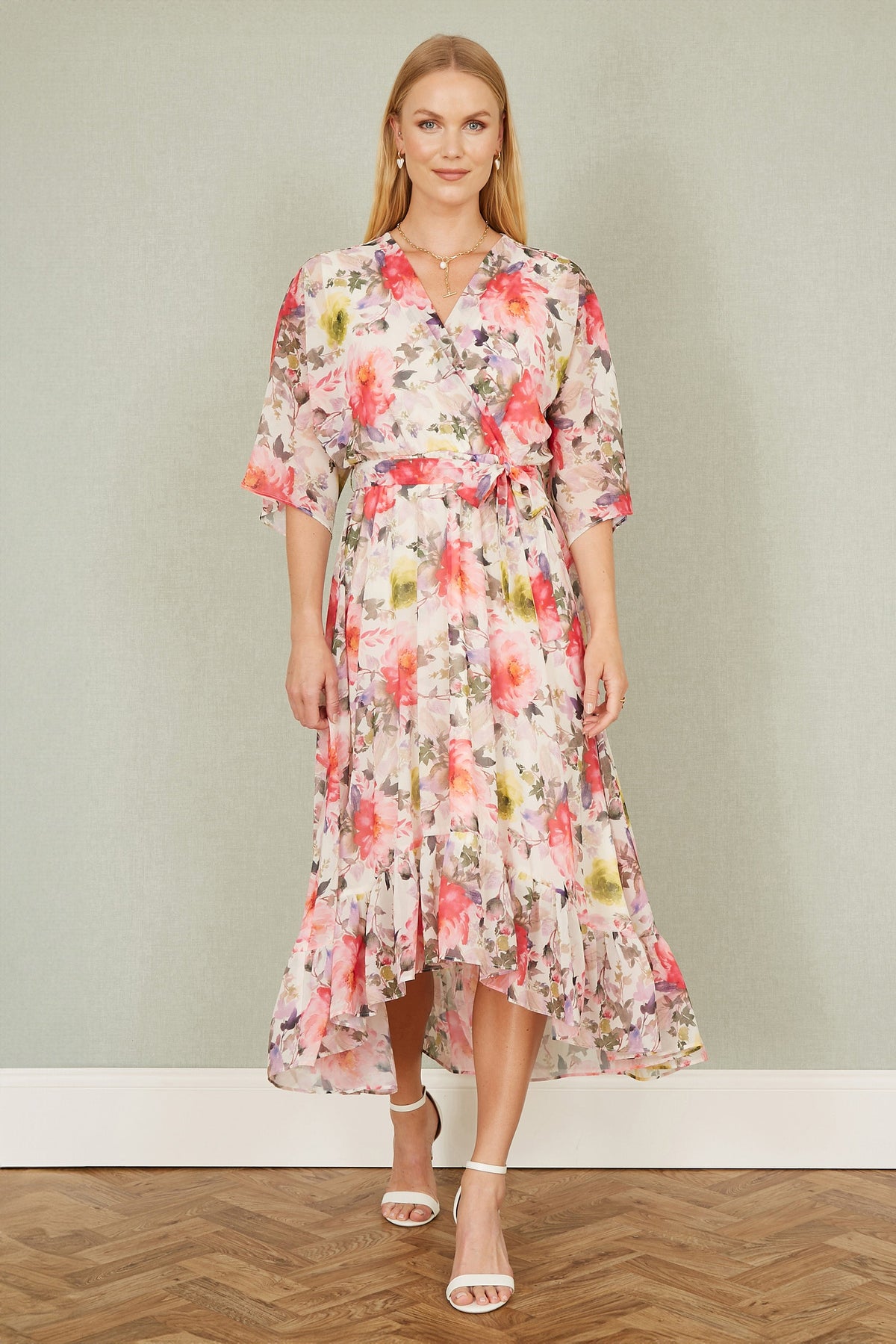 Yumi Ivory Vintage Floral Wrap Midi Dress With Frill