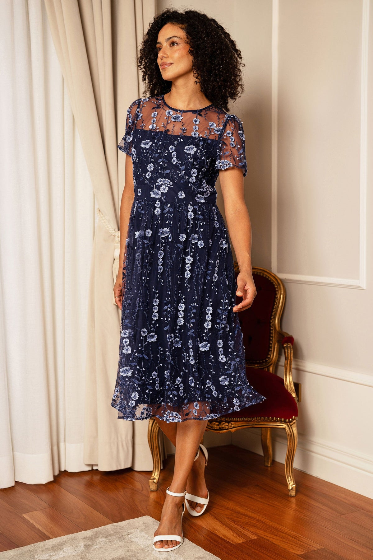 Yumi Navy Embroidered Mesh Midi Dress