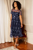 Yumi Navy Embroidered Mesh Midi Dress