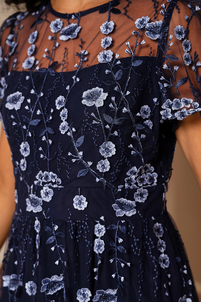 Yumi Navy Embroidered Mesh Midi Dress