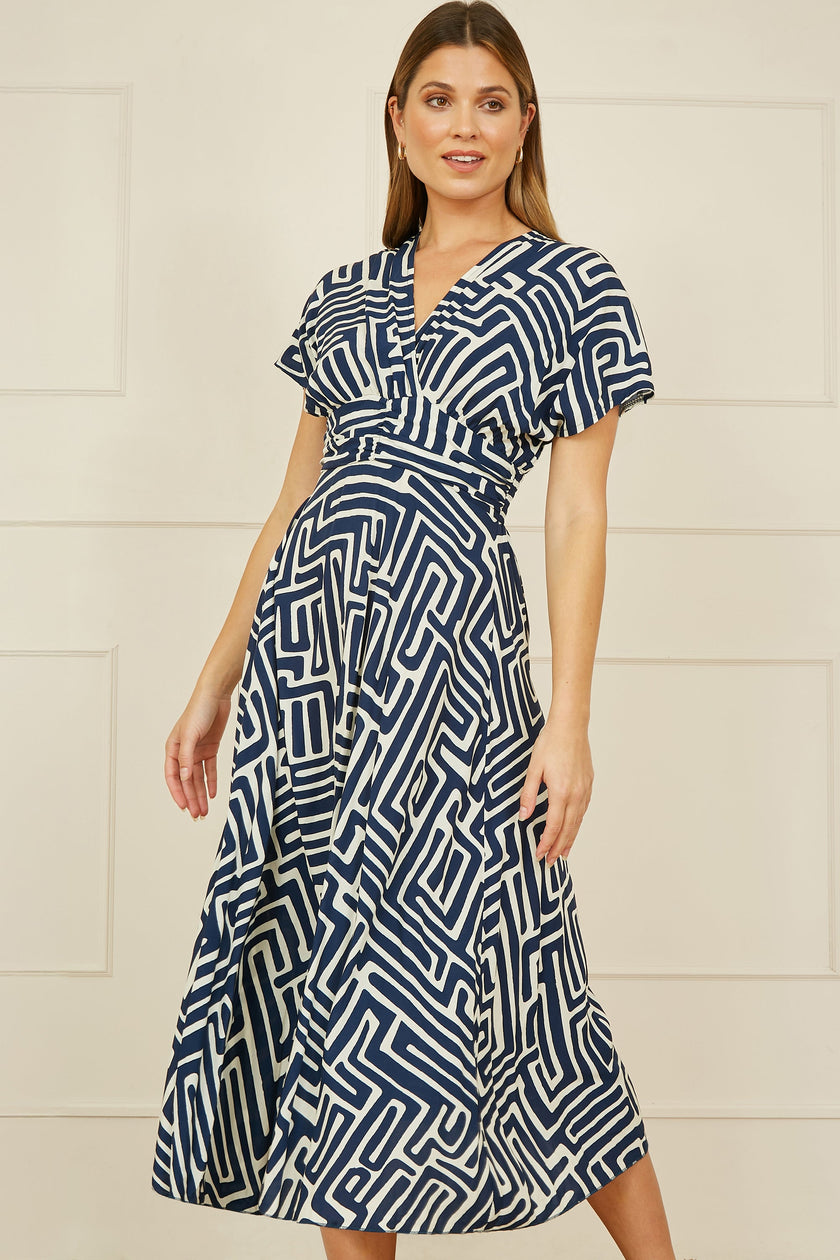 Yumi Navy Geometric Print Ruched Waist Midi Dress With Kimono Sleeves