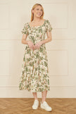 Yumi White Cotton Palm Print Ruched Midi Dress