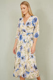 Yumi Cream Vintage Floral Wrap Midi Dress With Frill