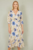 Yumi Cream Vintage Floral Wrap Midi Dress With Frill
