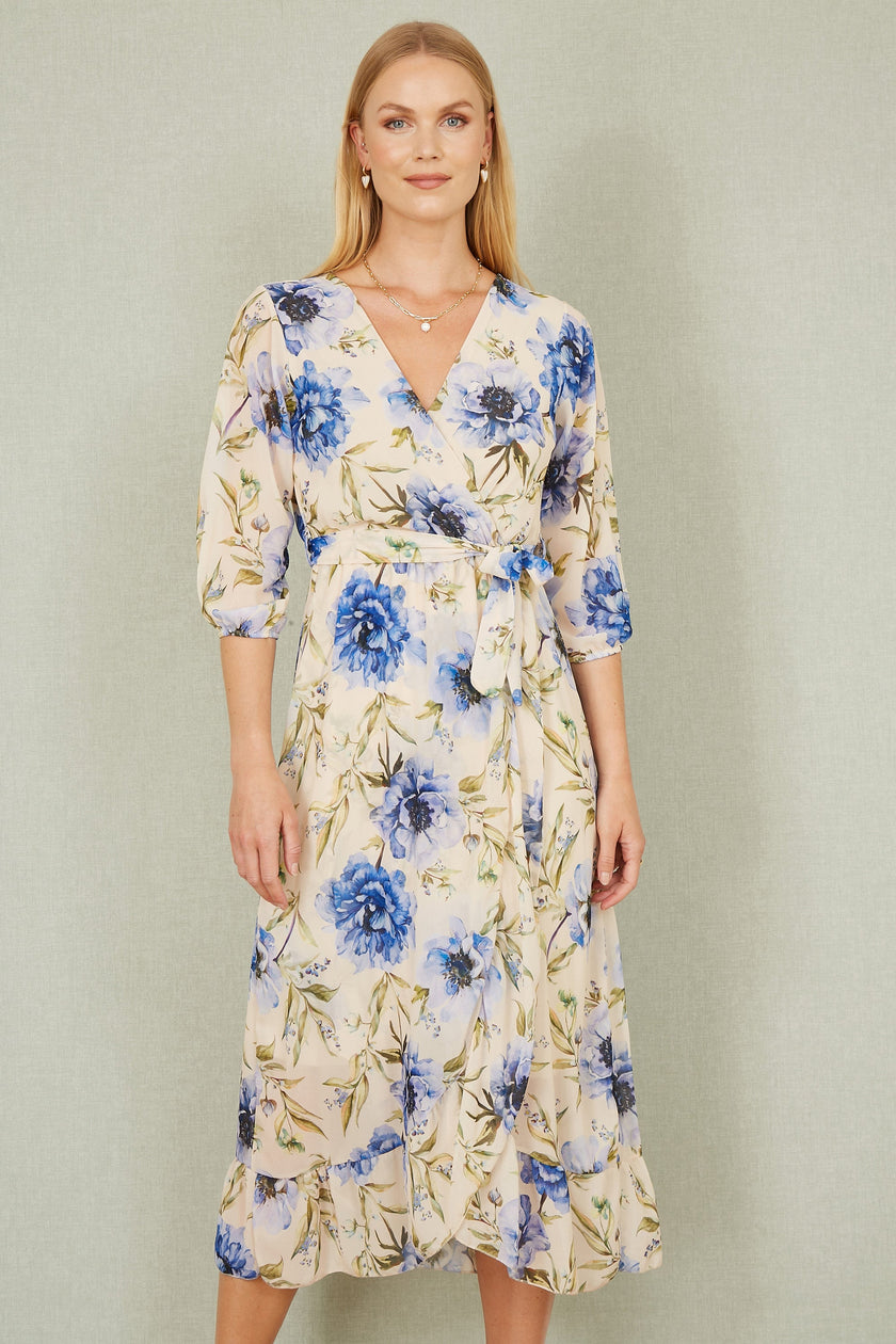 Yumi Cream Vintage Floral Wrap Midi Dress With Frill