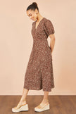 Yumi Brown Spot Midi Dress With Split Hemline