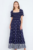 Yumi Navy Border Hemline Smocked Maxi Dress