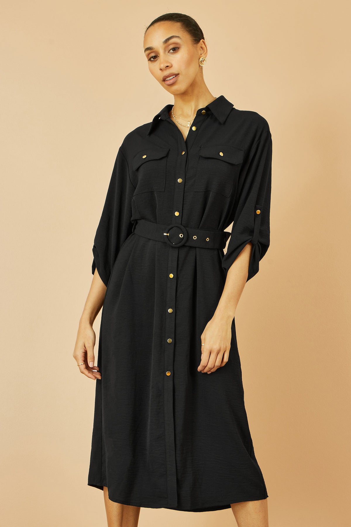 Yumi Black Stretch Midi Shirt Dress