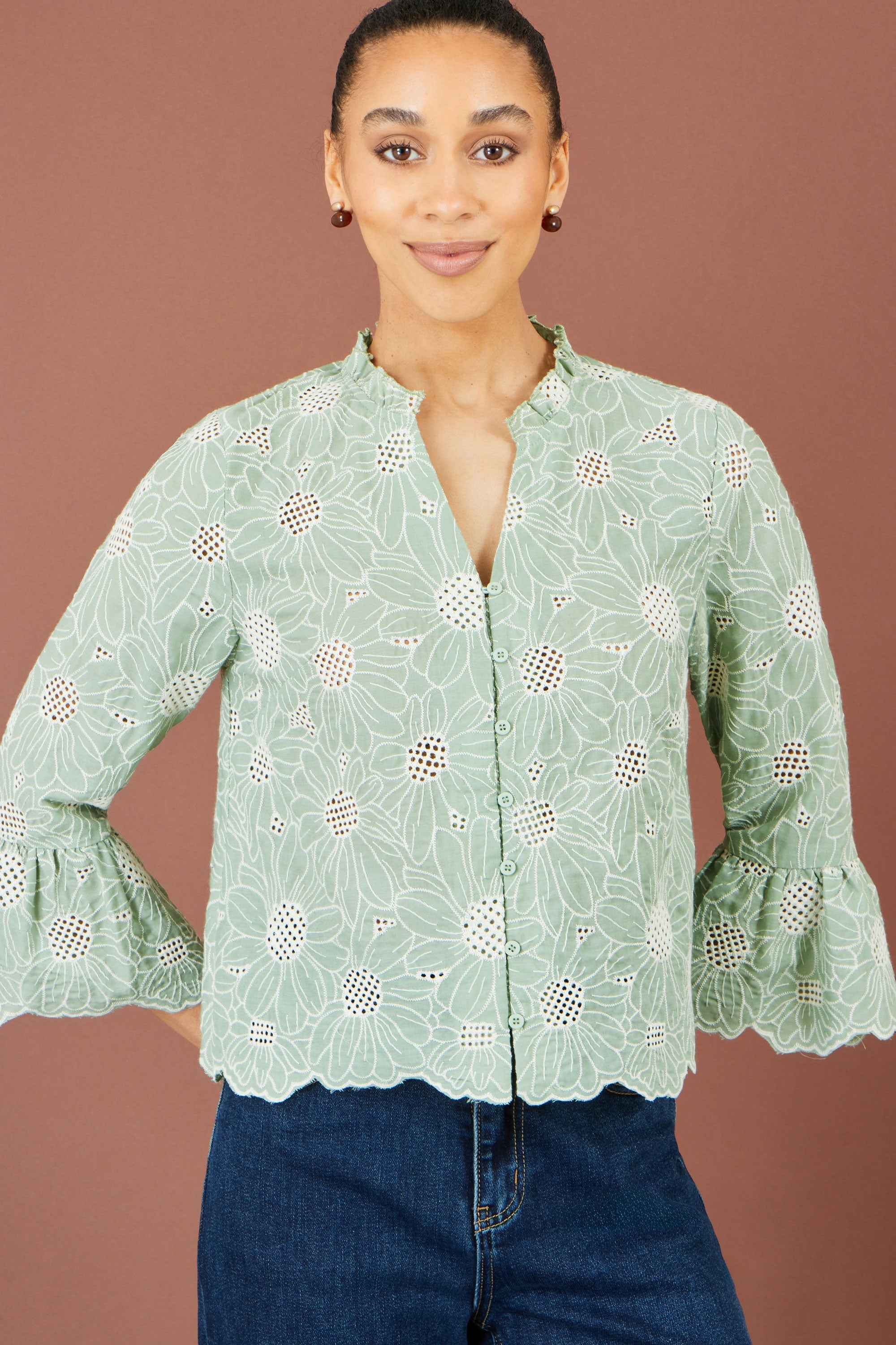 Yumi Green Daisy Broderie Shirt With Fluted Sleeves