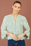 Yumi Green Daisy Broderie Shirt With Fluted Sleeves
