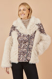 Yumi Cream Fur Biker Jacket With Leopard Print