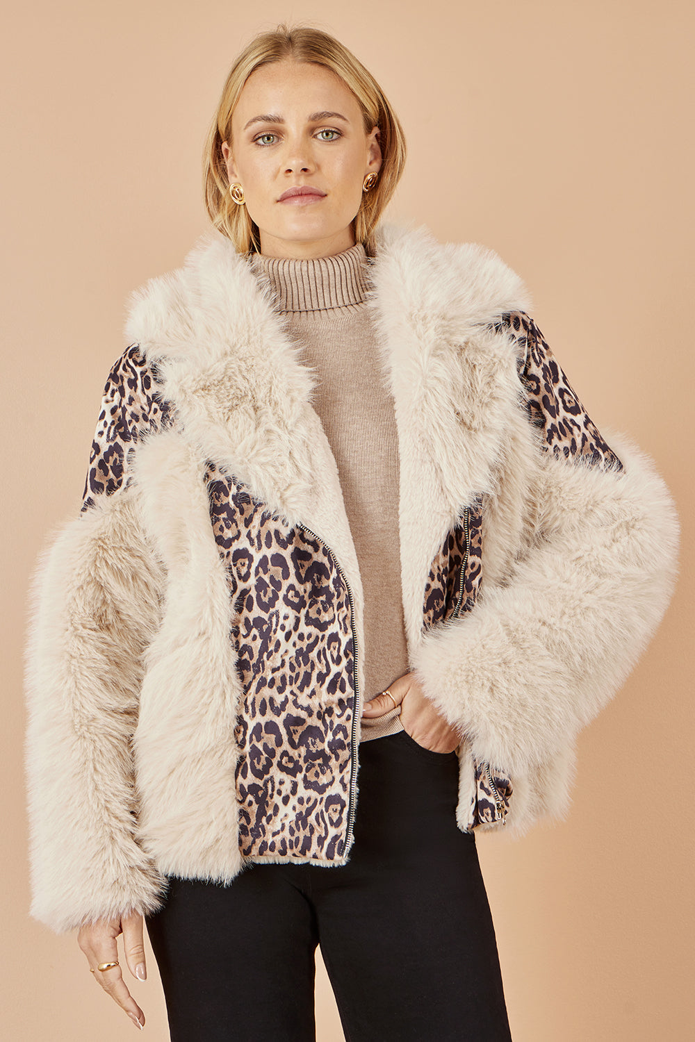 Yumi Cream Fur Biker Jacket With Leopard Print